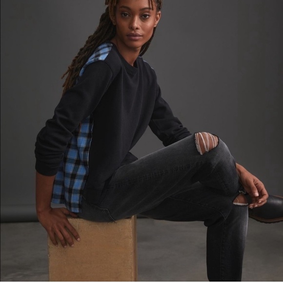 NWT ANTHROPOLOGIE PILCRO Black & Blue Plaid Contrast Long Sleeve Top - Picture 2 of 6